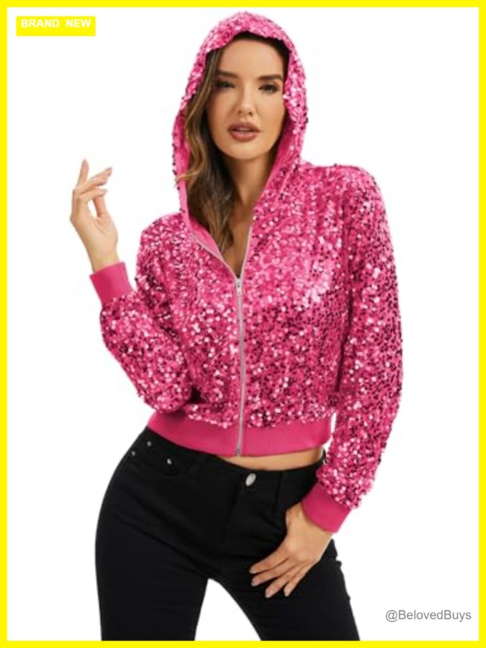 Cropped Sequin Hooded Bomber Jacket Full Zip Sparkly Glam Clubwear